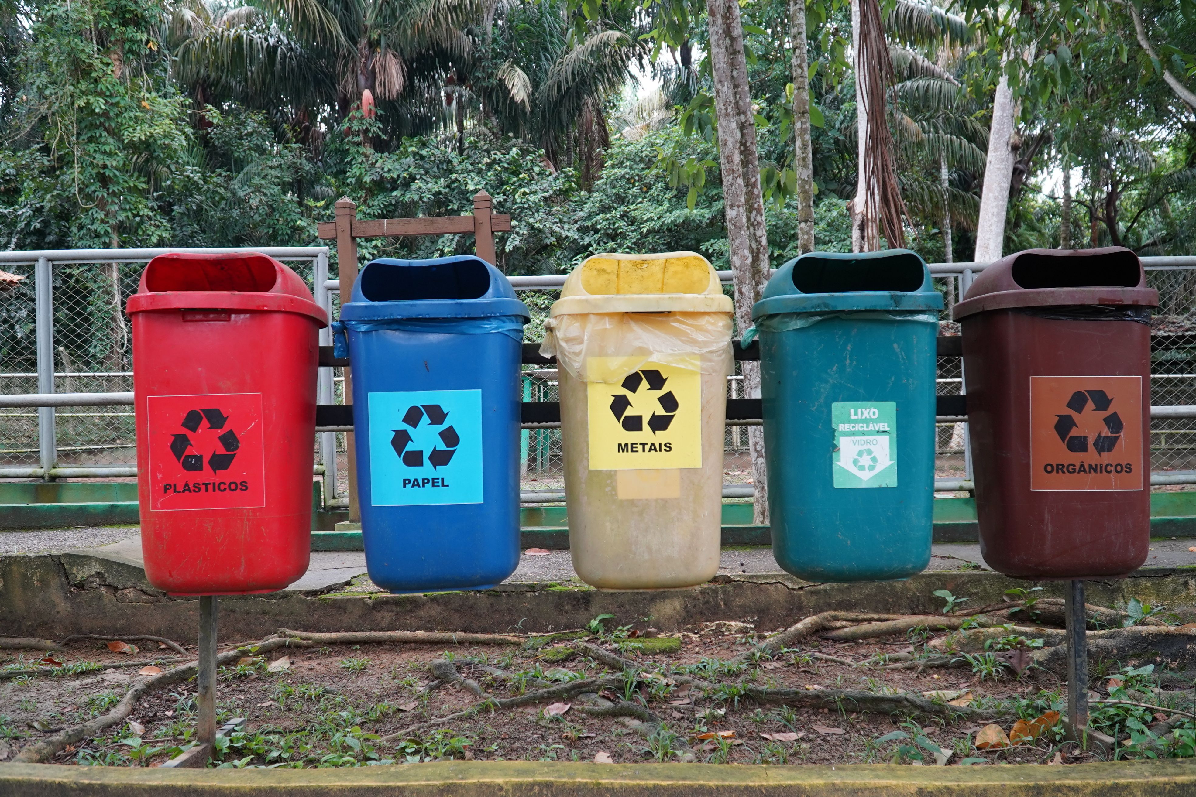 Recycling bins for plastic, paper, metal, and organics in Manaus, Brazil.