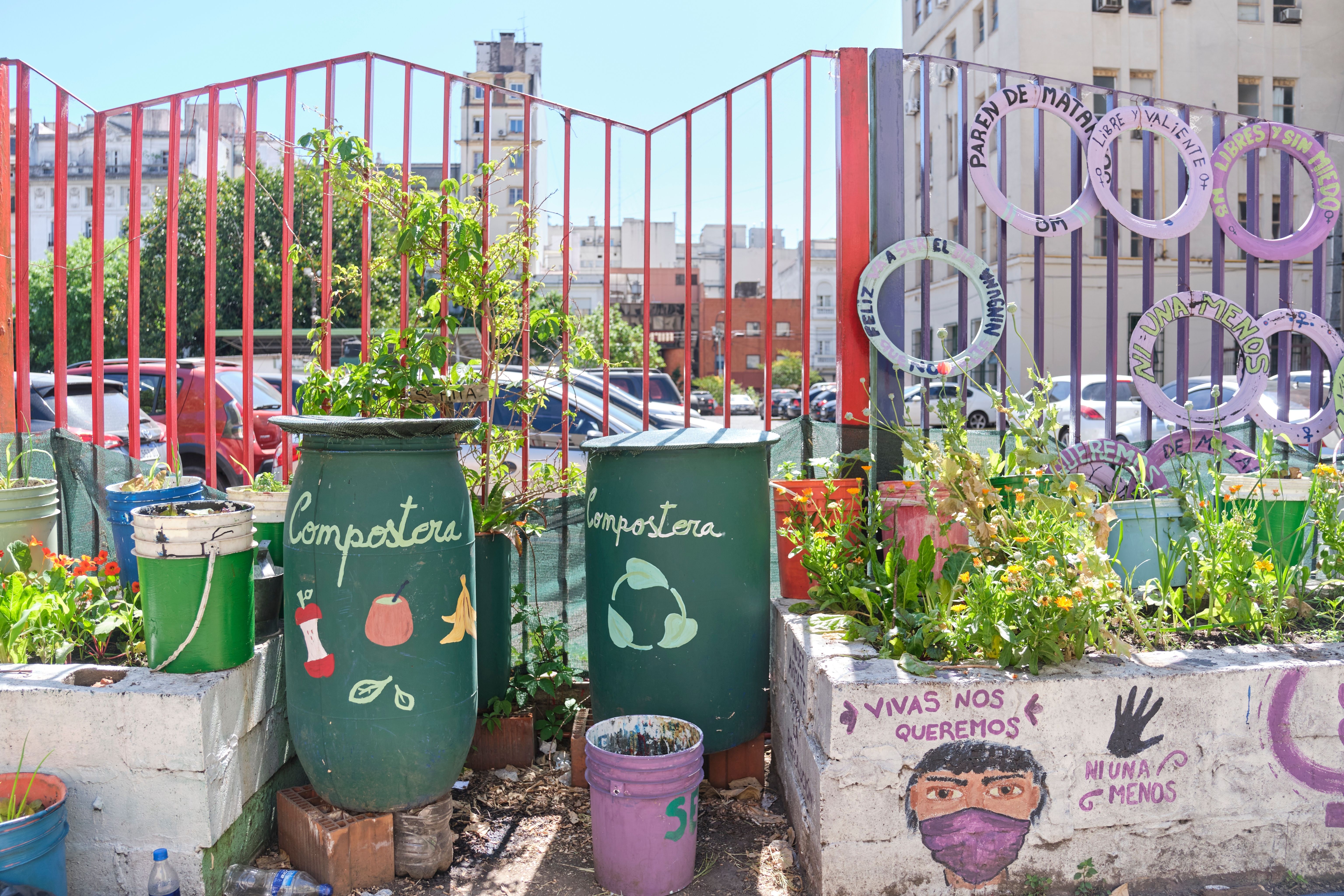 Compost bins at a vegetable garden in Buenos Aires. 