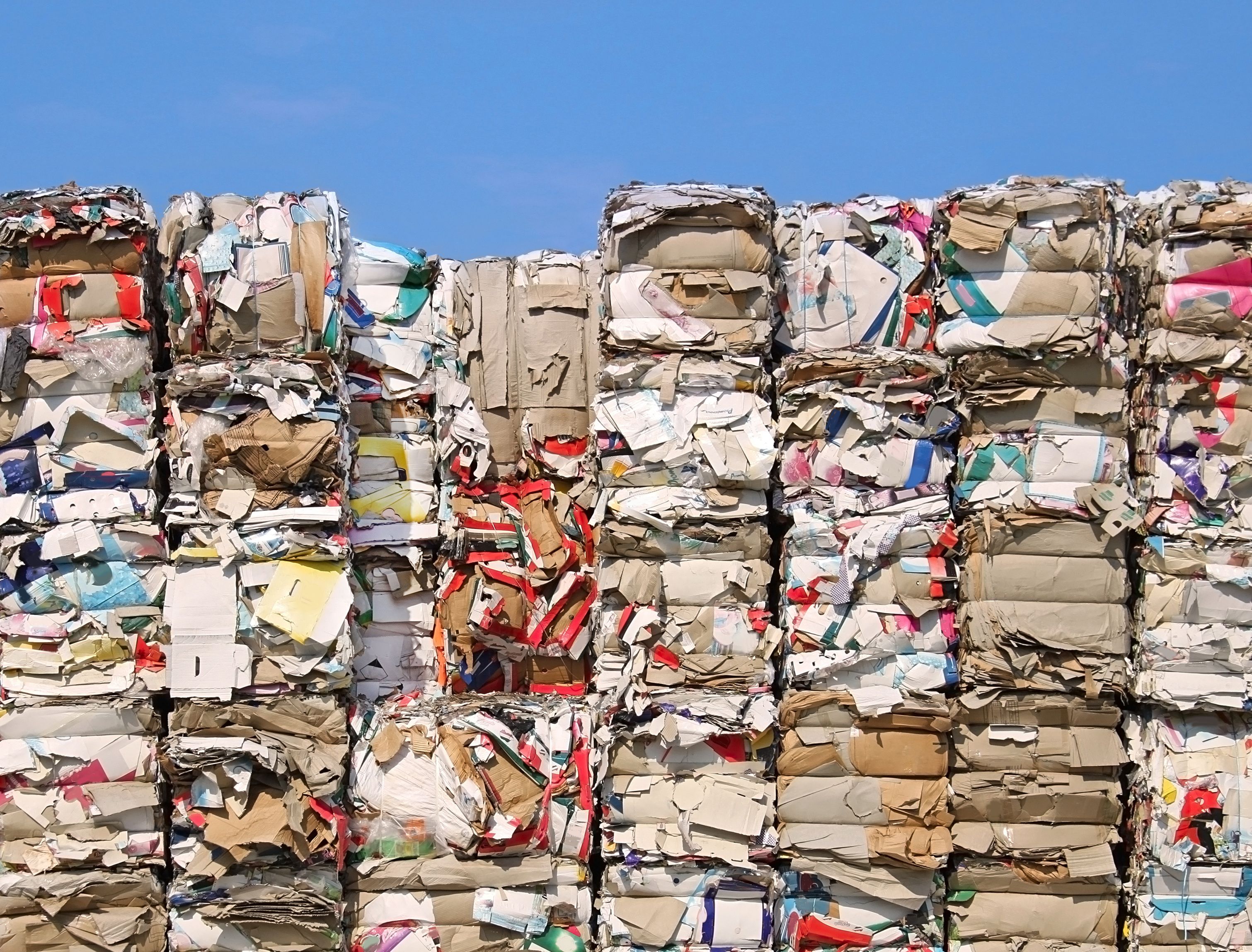 Bales of paper in piles that are ready for recycling.