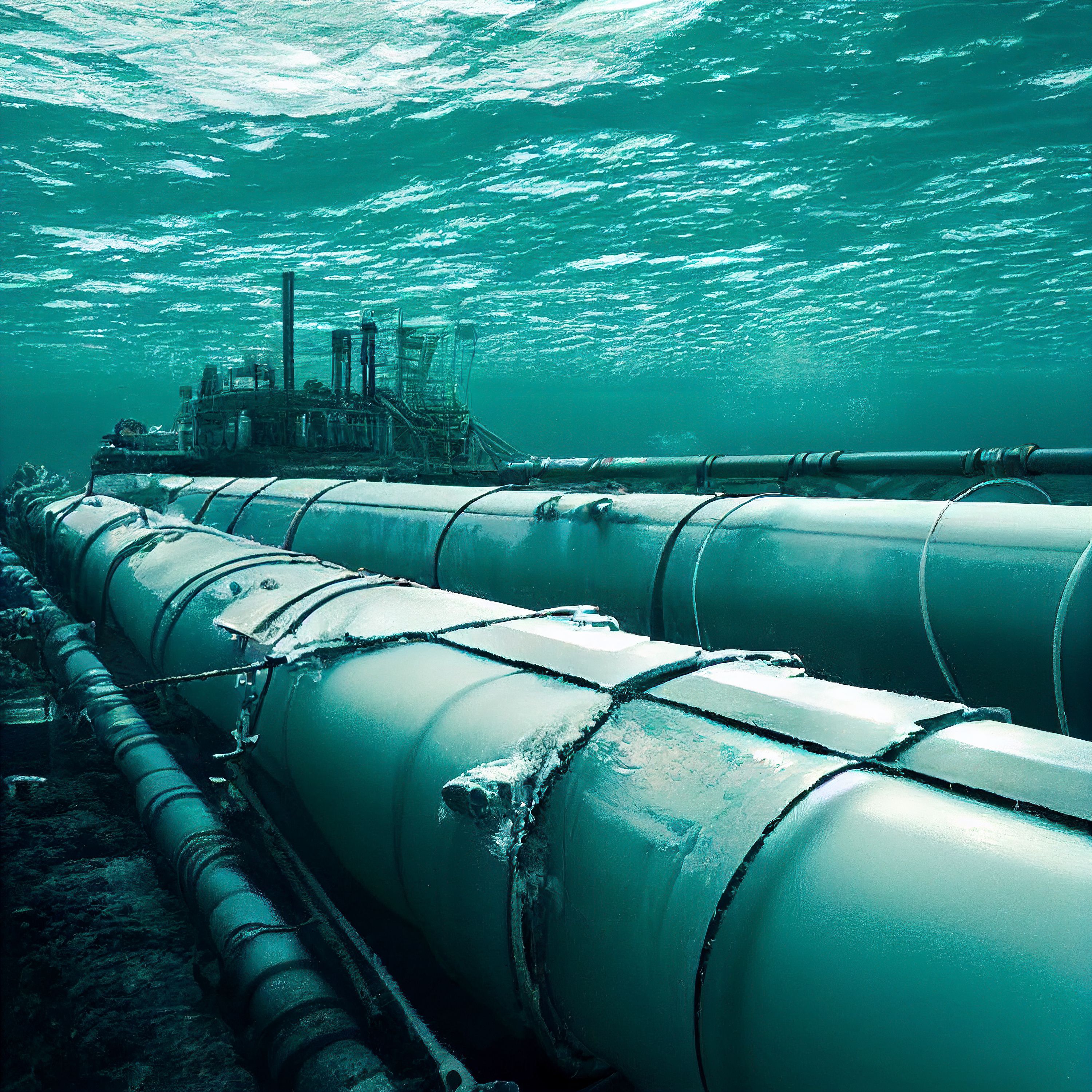 An image of gas pipelines underwater. 